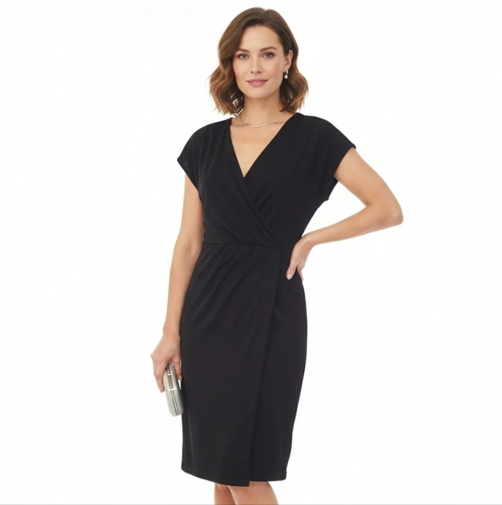 Nicole Miller Original Black Faux Wrap Dress Small V Neck LBD Staple Read Discrp - Picture 1 of 7